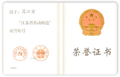 江蘇省勞動模范 榮譽證書葛江宏